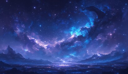 A beautiful background of purple and blue nebula stars, space, and galaxy concept design in the style of fantasy and celestial cosmic background.