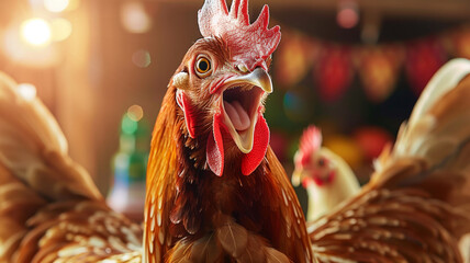 A chicken is shown with its head held high and its beak open, making a loud noise. Concept of excitement and energy, as if the chicken is expressing its enthusiasm or joy. a chicken winning