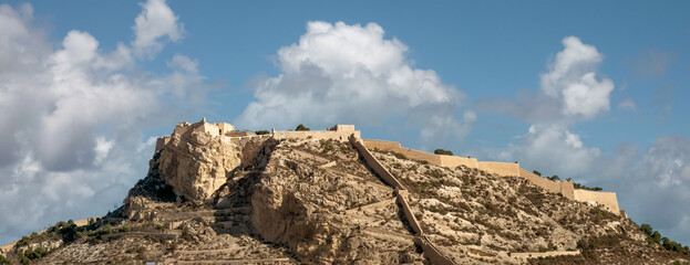 Santa Barbara castle ruins topping Mount Benacantil in the city center of Alicante, Valencia region, Spain