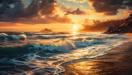 Sunset over a turbulent sea, waves crash, sky ablaze with orange, yellow, blue hues, distant island silhouette. Generative Ai - obrazy, fototapety, plakaty
