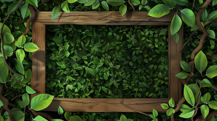 A wooden frame with green leaves surrounding it. The frame is empty, but it gives the impression of a natural setting