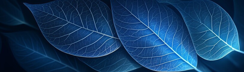 A closeup of the veins on a vibrant blue leaf, illuminated by soft morning light. The background is dark and blurred to emphasize the detailed texture of each petal in the frame. 