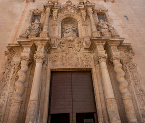 The baroque facade of the  Basilica of Santa Maria, the oldest church in Alicante, Spain.