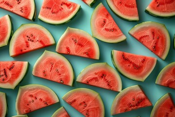 Fresh watermelon slices arrangement on vibrant blue background, top view, flat lay concept for...