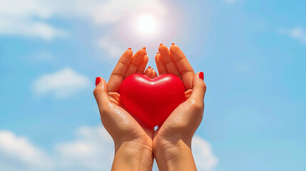 low angle view of female hands holding a red heart against blue sky, blood donor, donate blood, give life, hope - obrazy, fototapety, plakaty