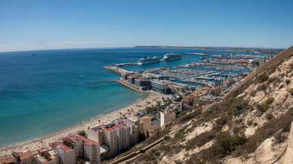 View of the harbor, marina and Postiguet beach in Alicante from Mount Benacantil, Alicante, Spain