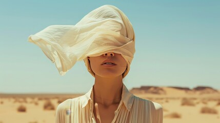 Minimalist portrait in desert  woman with headscarf, editorial photo for new clothing collection