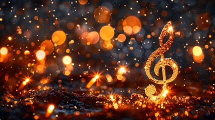 A golden musical note is surrounded by sparkling lights, AI