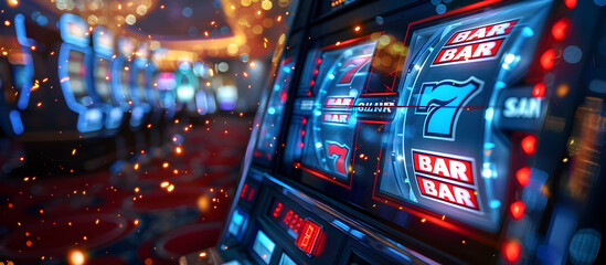 Glowing Blue Jackpot Slot Machine in Vibrant Neon Lit City Nightscape for Entertainment and...