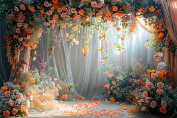 Stunning Wedding Scene Design: Luxurious Floral Backdrops in Morandi Colors with Touches of Green, Brown, Purple, and High-End Gray