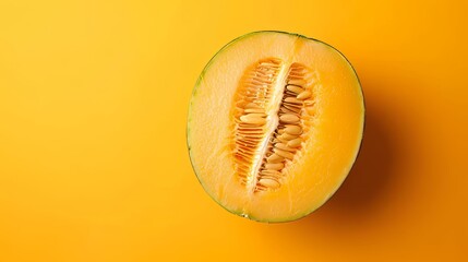 Freshly cut cantaloupe melon on orange background, seasonal summer fruit with seeds