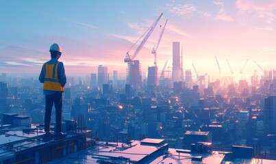 A construction worker wearing an orange safety vest and helmet stands on the edge of a building, overlooking cityscape at sunset. - obrazy, fototapety, plakaty