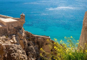 View of the mediterranean sea from the top of Mount Benacantil, Stanta Barbara castle ruins,...