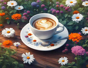 A porcelain cup of coffee on a wooden table in a garden with wild flowers in summer