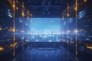 A dark and futuristic server room with glowing data streams, data center technology concept