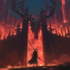 A dark fantasy video game art style silhouette of an adventurer standing in front of the entrance to hell.  - obrazy, fototapety, plakaty