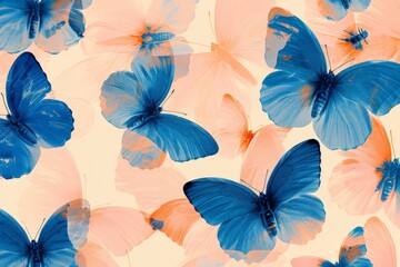 A beautiful group of blue and orange butterflies on a soothing beige background, with a vibrant blue butterfly in the center