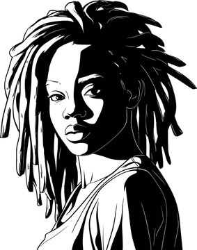 A monochromatic sketch portrait of a woman with dreadlocks flat vector black and white