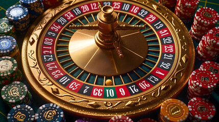 Opulent Roulette Wheel and Casino Gaming Table with Intricate Decorative Elements