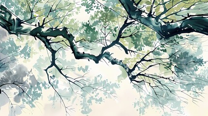 Watercolor colorful big tree bottom view illustration poster background