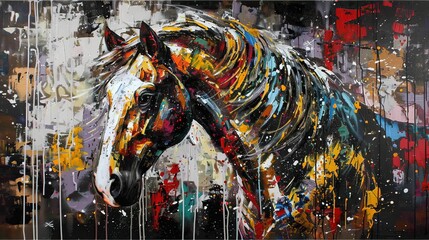 Abstract oil painting with gold accents  horse theme in knife style, large stroke mural art