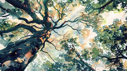 Watercolor colorful big tree bottom view illustration poster background