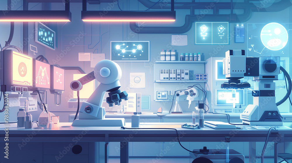 Poster a laboratory with a computer and a microscope on a desk. the room is dimly lit and has a futuristic 