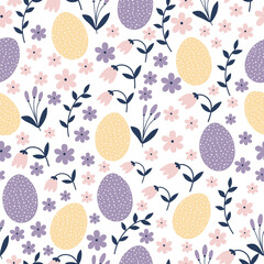 Spring cartoon seamless pattern with cute bunny. Happy Easter print in flat style and pastel colors