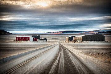A dirt road leading through a snowy landscape with red barns in the distance.