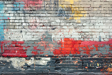 Gritty Urban Canvas: Vibrant Graffiti Adorns Weathered Brick Wall