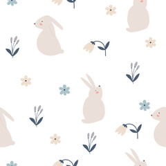 Spring cartoon seamless pattern with cute bunny. Happy Easter print in flat style and pastel colors