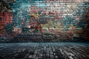 Naklejka premium Gritty Urban Canvas: Vibrant Graffiti on Weathered Brick Wall