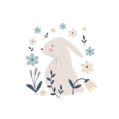 Happy Easter  card. Cute hand drawn Spring print with eggs, flowers, leaves and bunny