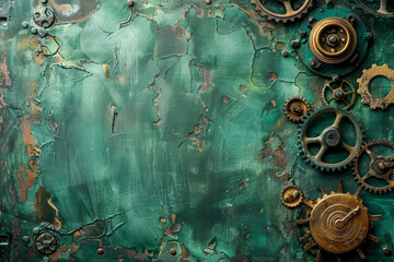 Vintage Steampunk Vibe: Green Textured Backdrop with Faded Accessories
