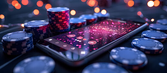 Stylish Poker App Interface with Captivating Blue Hues and Dazzling Bokeh Accents