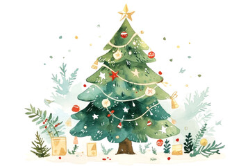 Delightful watercolor painting of a decorated Christmas tree