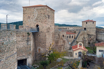 The Heptapyrgion or Yedikule (Seven Towers), a former fortress, later a prison and now a museum in Thessaloniki, Greece. Panoramic view of the walls and the church of the prison.