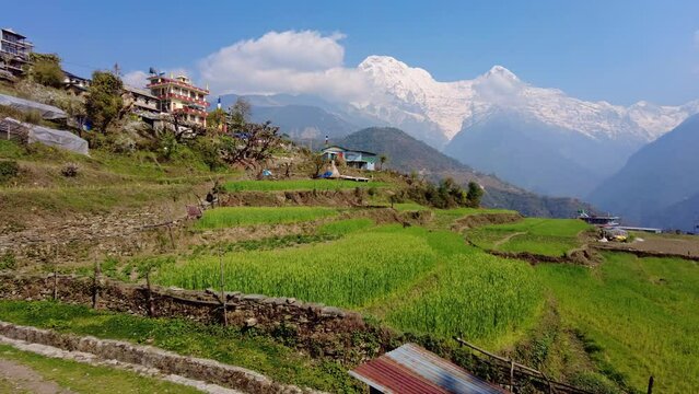 Ghandruk, Nepal: Stunning panoramic view of the Annapurna mountain range from the Ghandruk traditional village near Pokhara in the Himalayas in Nepal. 