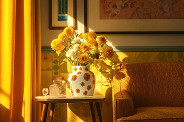 Warm sunlight bathes a cozy nook, highlighting a vase
