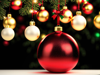 A red and gold ornament hanging from the ceiling with other ornaments and lights in the background.