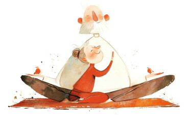 Charming illustration of an elderly couple joyfully engaging in a partner yoga pose