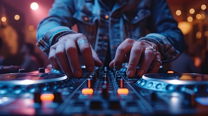 DJ mixing tracks on a professional turntable at a club