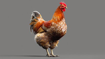 A chicken with a red beak stands on a grey background. The chicken is brown and white in color - obrazy, fototapety, plakaty