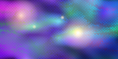 Neon blue space background with dot pattern. Abstract disco club vector bg in retro style with halftone raster in overlay mode on gradient mesh. Blurred motion lights and glare.