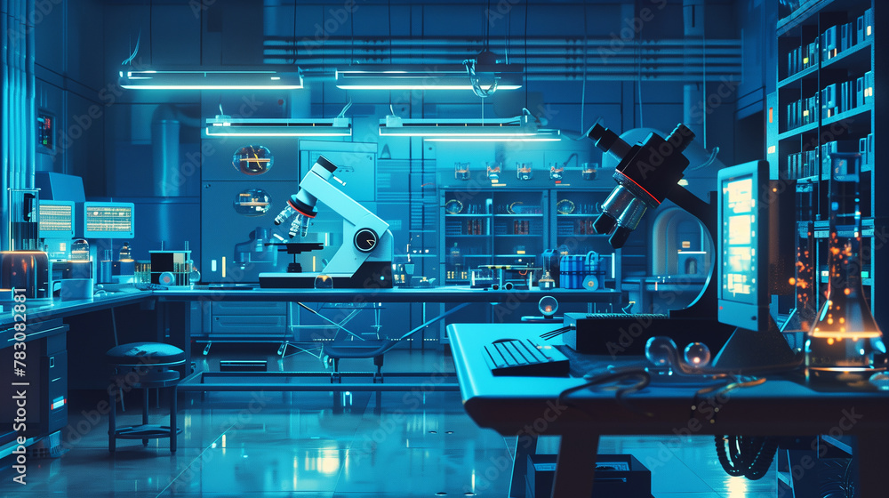 Poster a laboratory with a computer and a microscope on a desk. the room is dimly lit and has a futuristic 