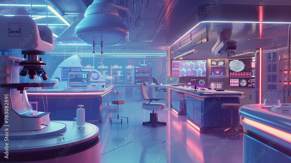 Poster a laboratory with a computer and a microscope on a desk. the room is dimly lit and has a futuristic 