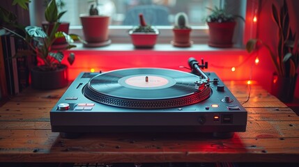 Turntable on wooden table with ambient red lighting