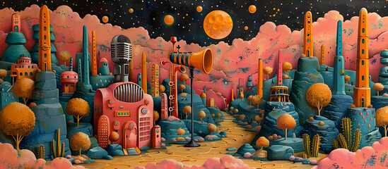A Whimsical Parade of Musical Instruments led by a Cartoon Microphone through a Fantastical Landscape