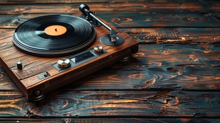 Vintage turntable with vinyl record on rustic wooden table