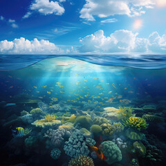 Fototapeta na wymiar Split Underwater - Overwater Tropical Sea with Coral Reef 